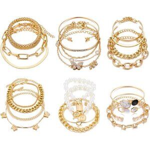 6 PACK (24 PCS) Boho Gold Chain Bracelets Set for Women, 14K Gold plated, Pearls